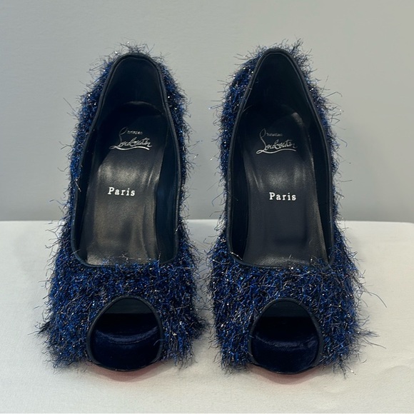 Christian Louboutin Very Prive 120 Peep Toe Heel size 39 Blue Metallic Tinsel - Picture 3 of 11